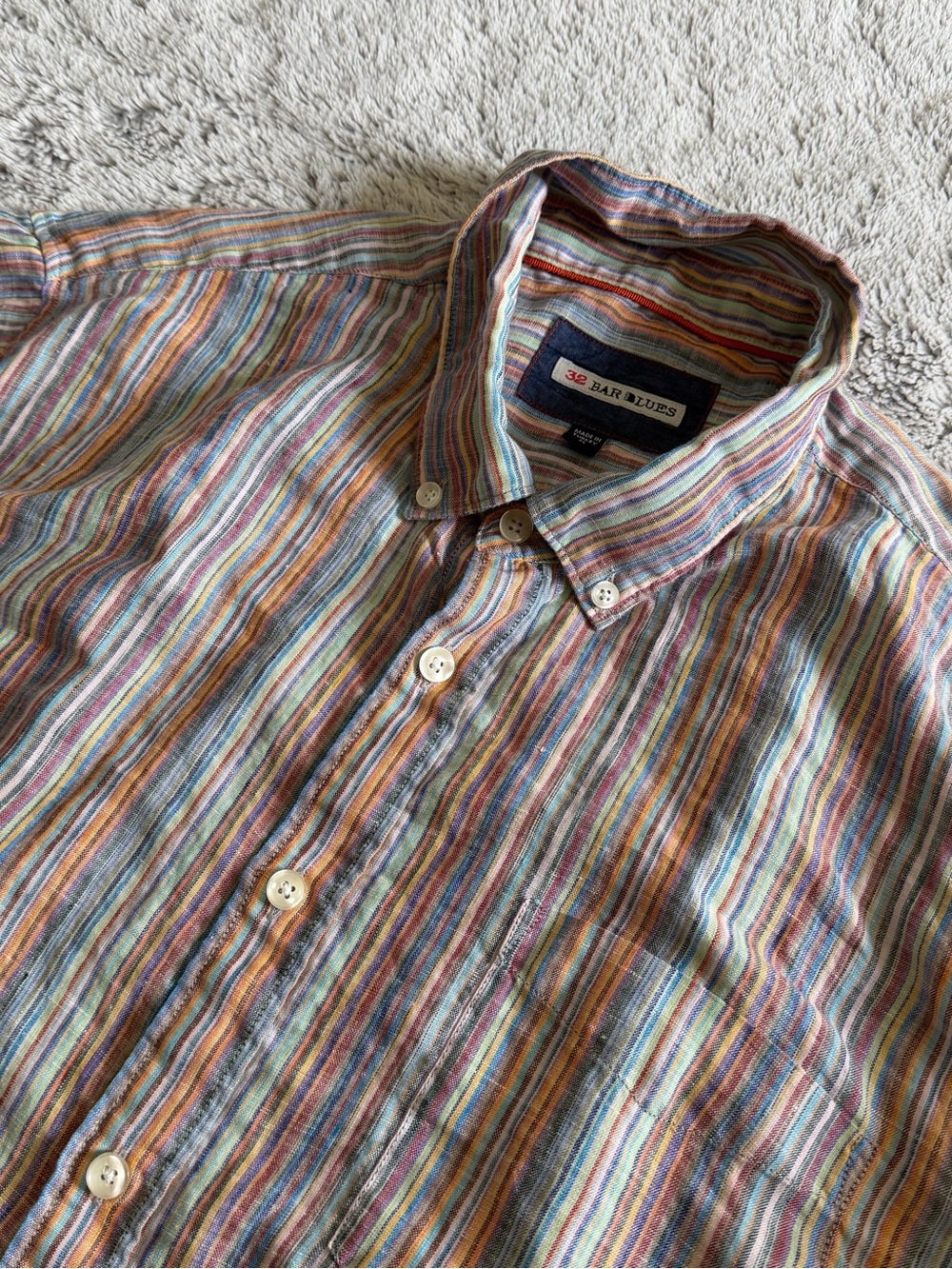 32 Bar Blues Pure Linen Multicolor Striped Button Down Shirt Mens XL Breathable